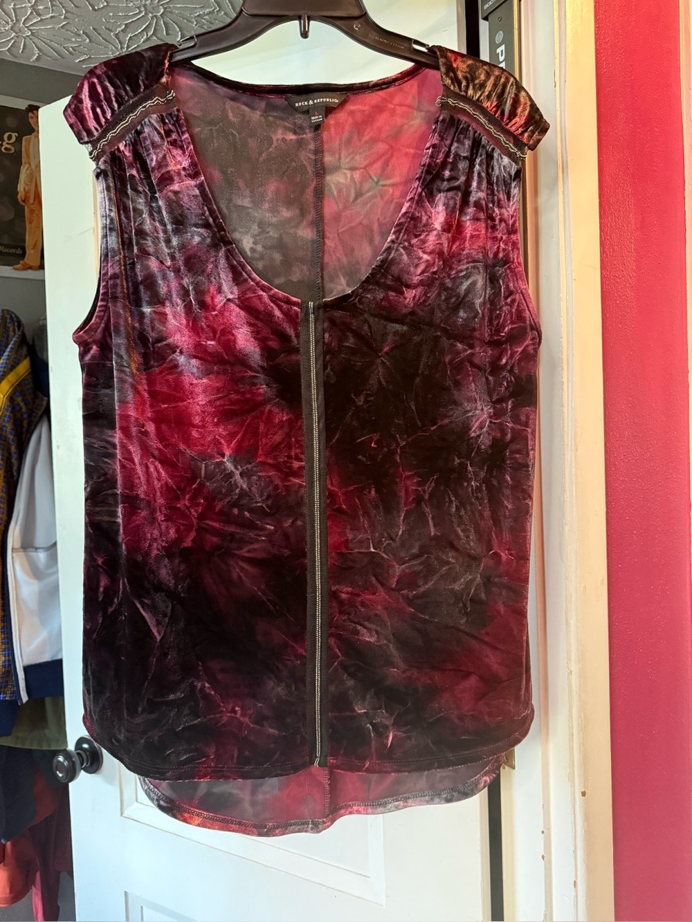Rock & Republic Velvet Sleeveless Tank - Burgundy and Black